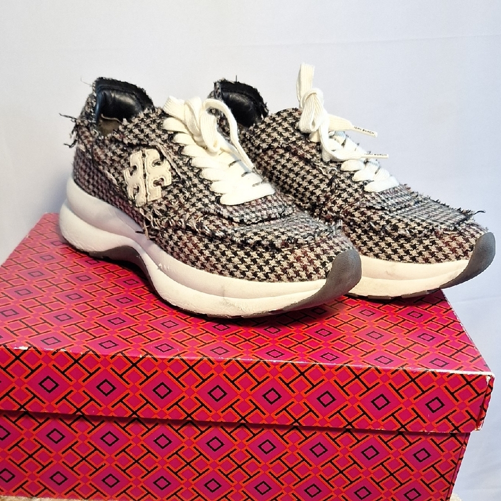 Tory Burch 8.5 Women's Brown and White Tweed Sneakers Houndstooth Kick Trainer
